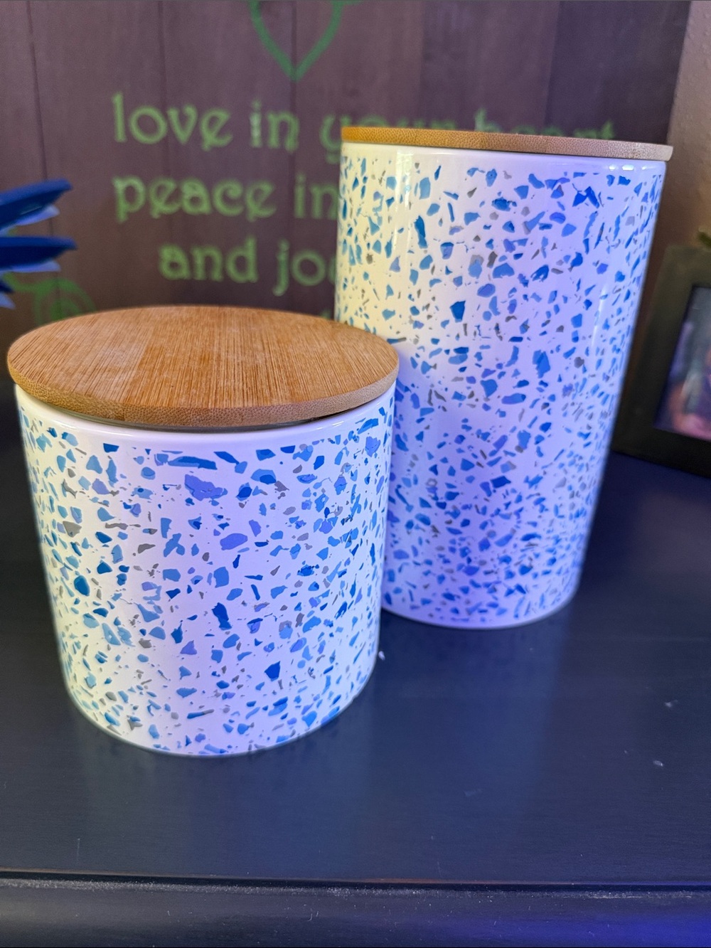 Home Basics Blue Terrazzo Ceramic Canister Set with Bamboo Lids